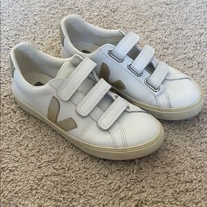 Veja White and Gold Velcro Sneakers